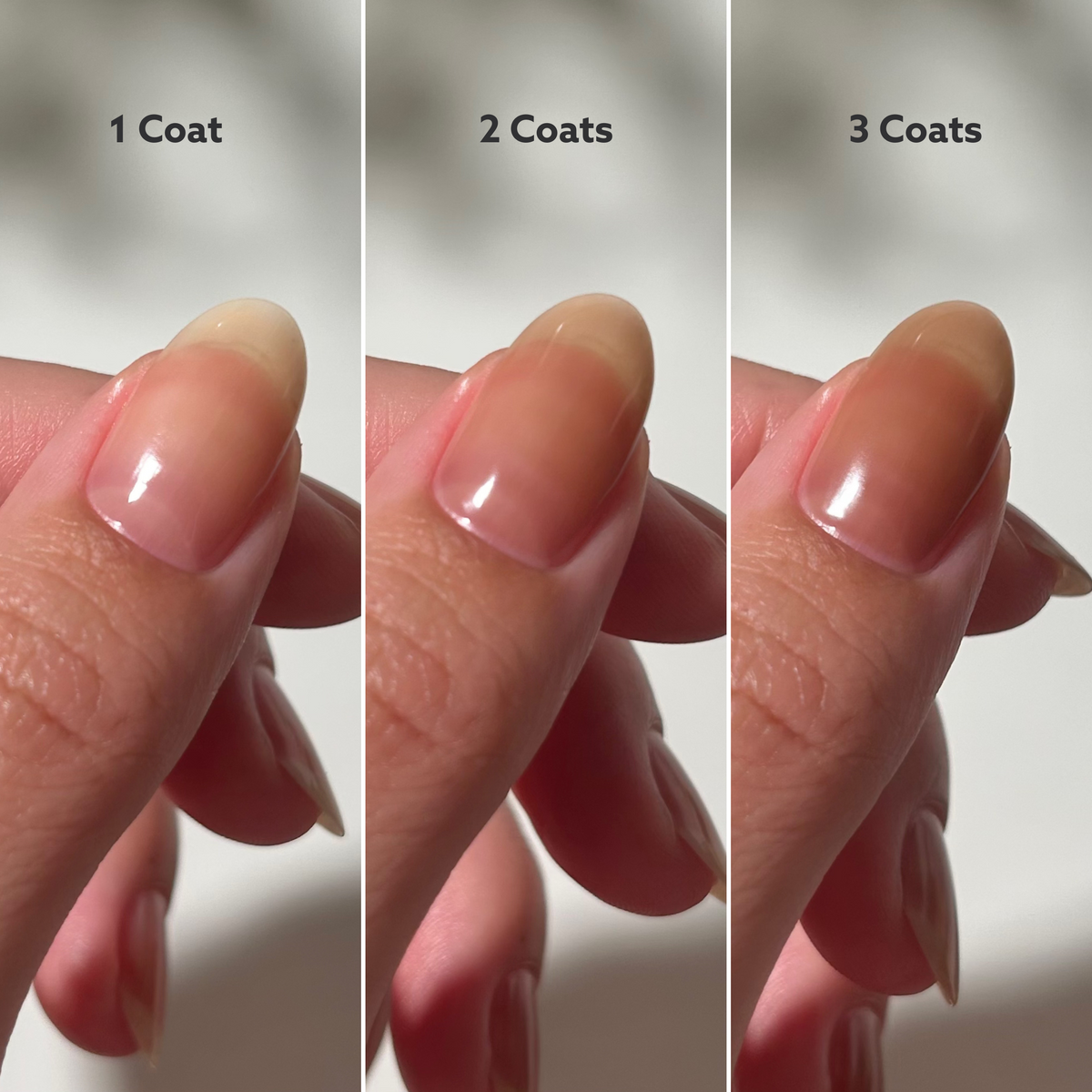 Hand Showing Different Coats For Toffee Crunch Polish by Dazzle Dry