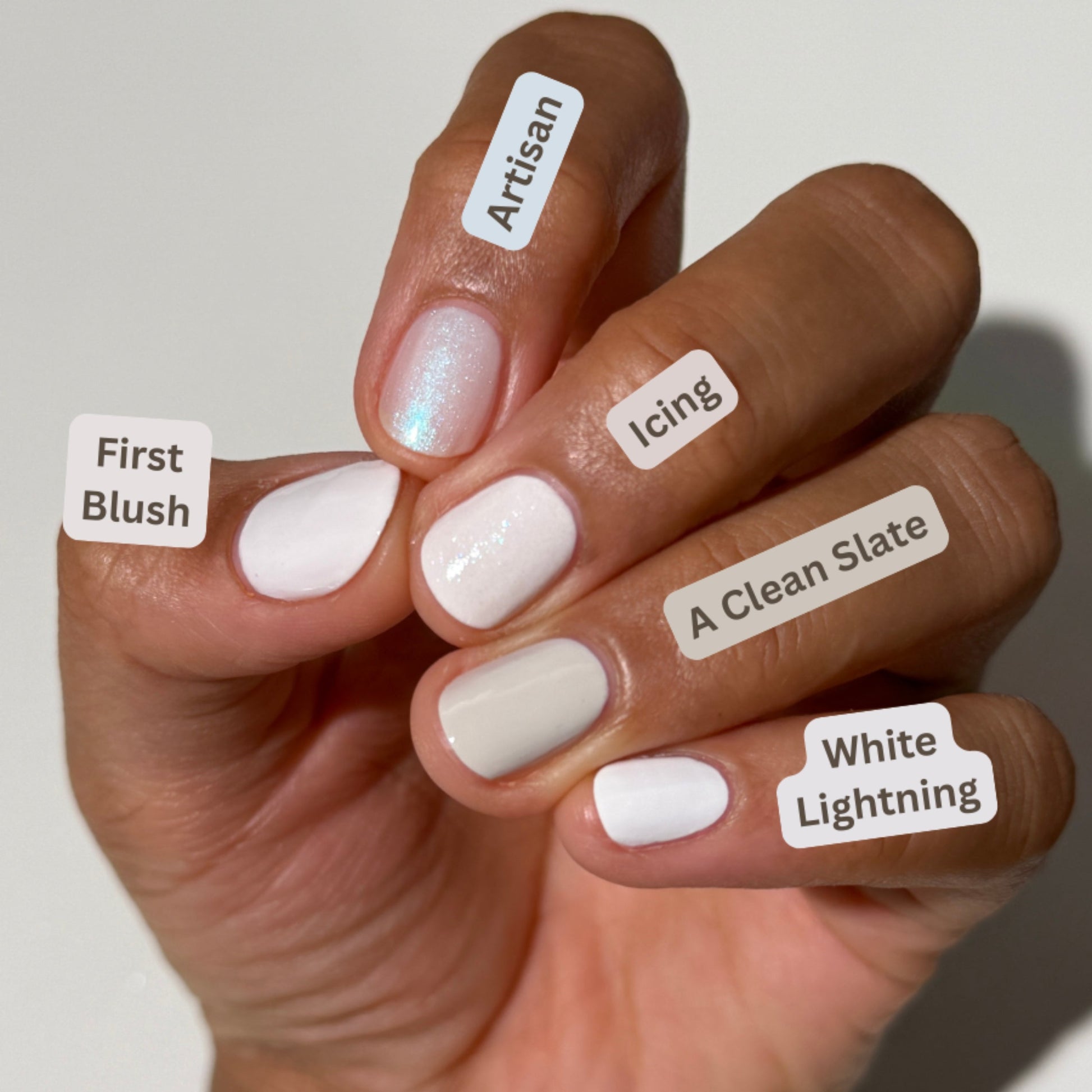 A close-up of a hand showing five different white nail polish shades labeled with names like Artisan, Icing, First Blush, A Clean Slate, and White Lightning.