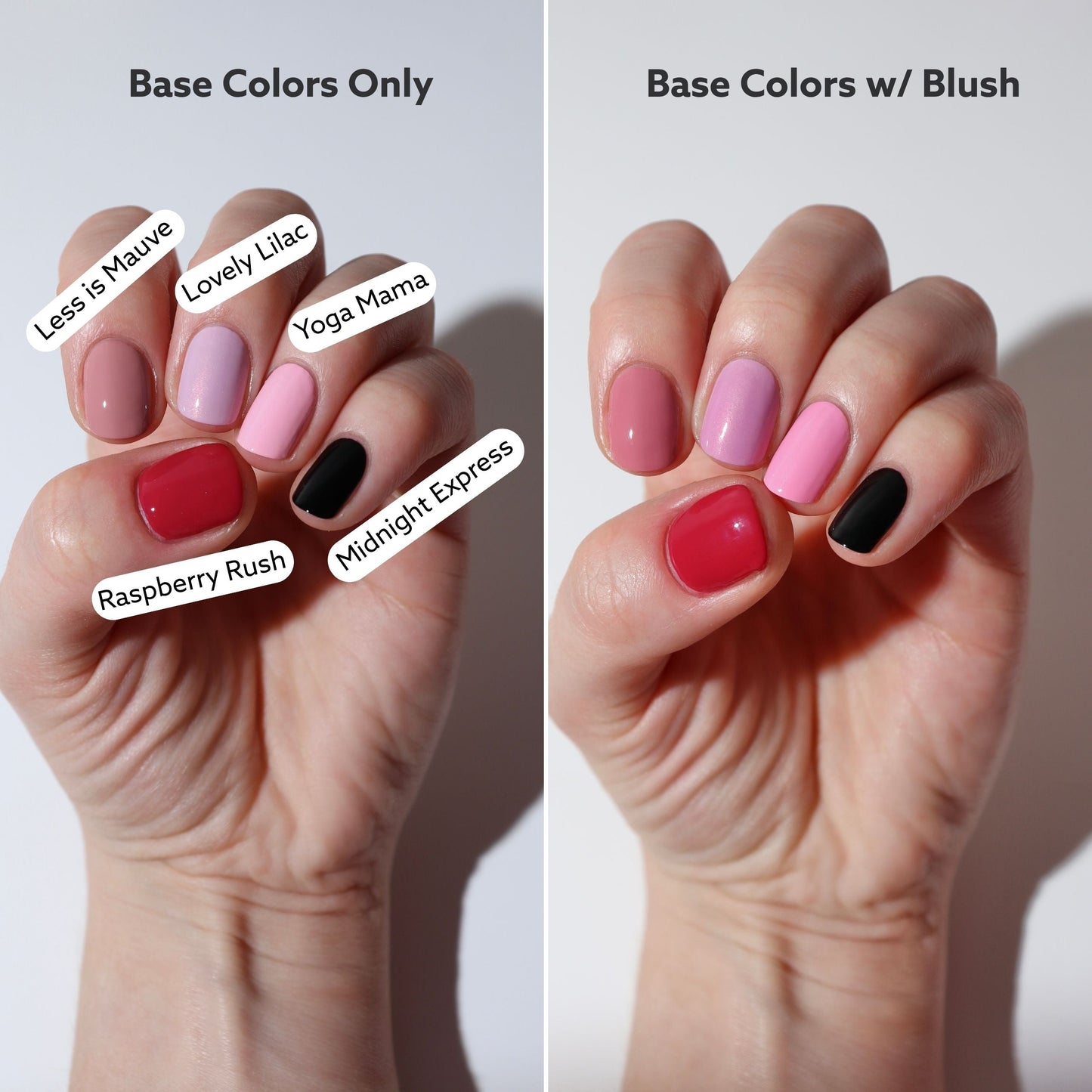 Comparison of nail polish colors with and without blush on a hand.