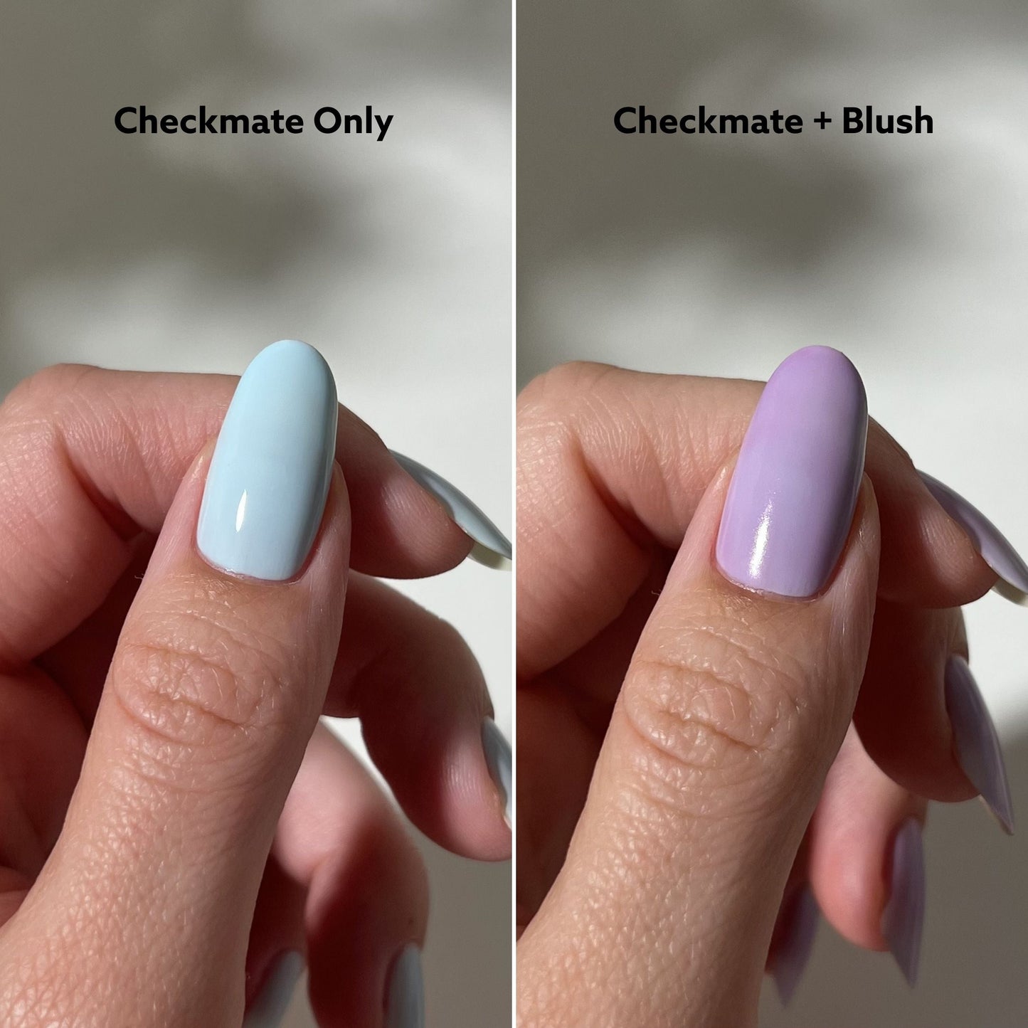 Two hands with light blue and purple nail polish side by side, labeled 'Checkmate Only' and 'Checkmate + Blush'.