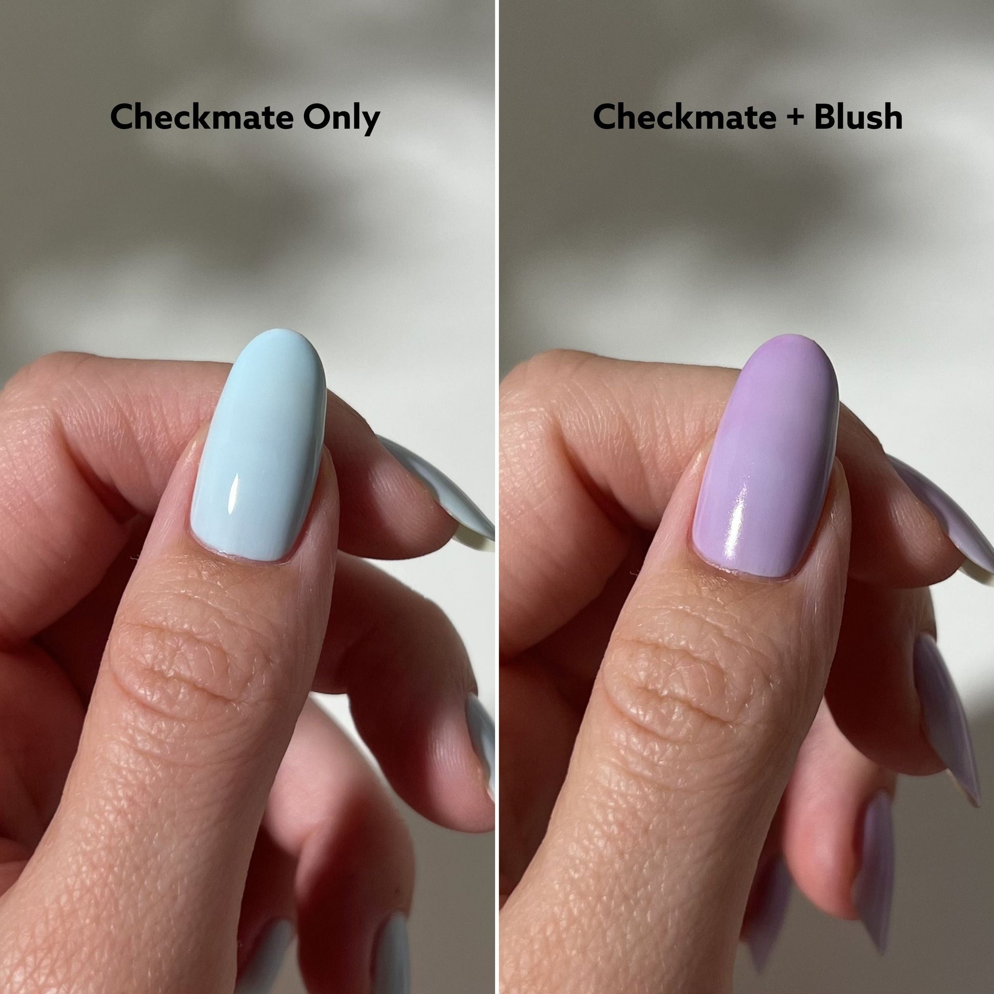 Two hands with light blue and purple nail polish side by side, labeled 'Checkmate Only' and 'Checkmate + Blush'.