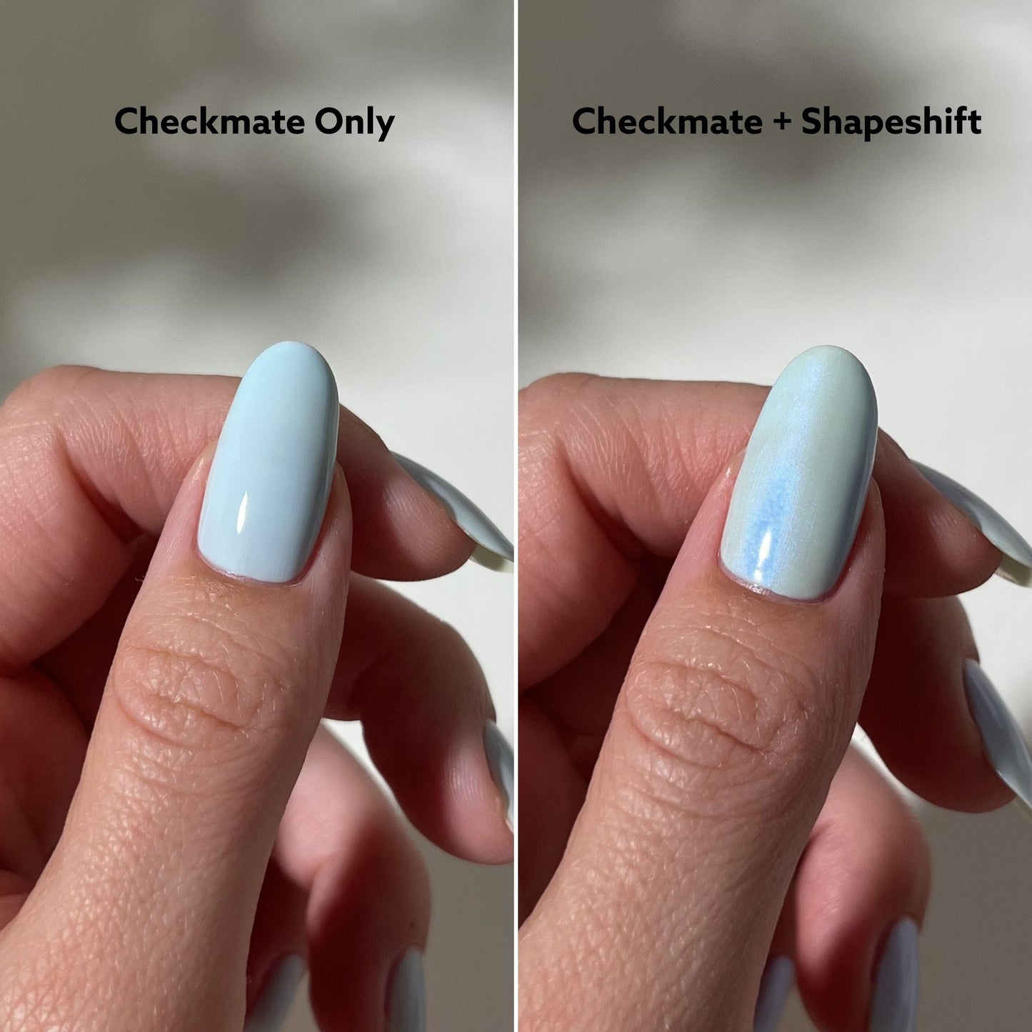 nail comparison with blue polish with top layer