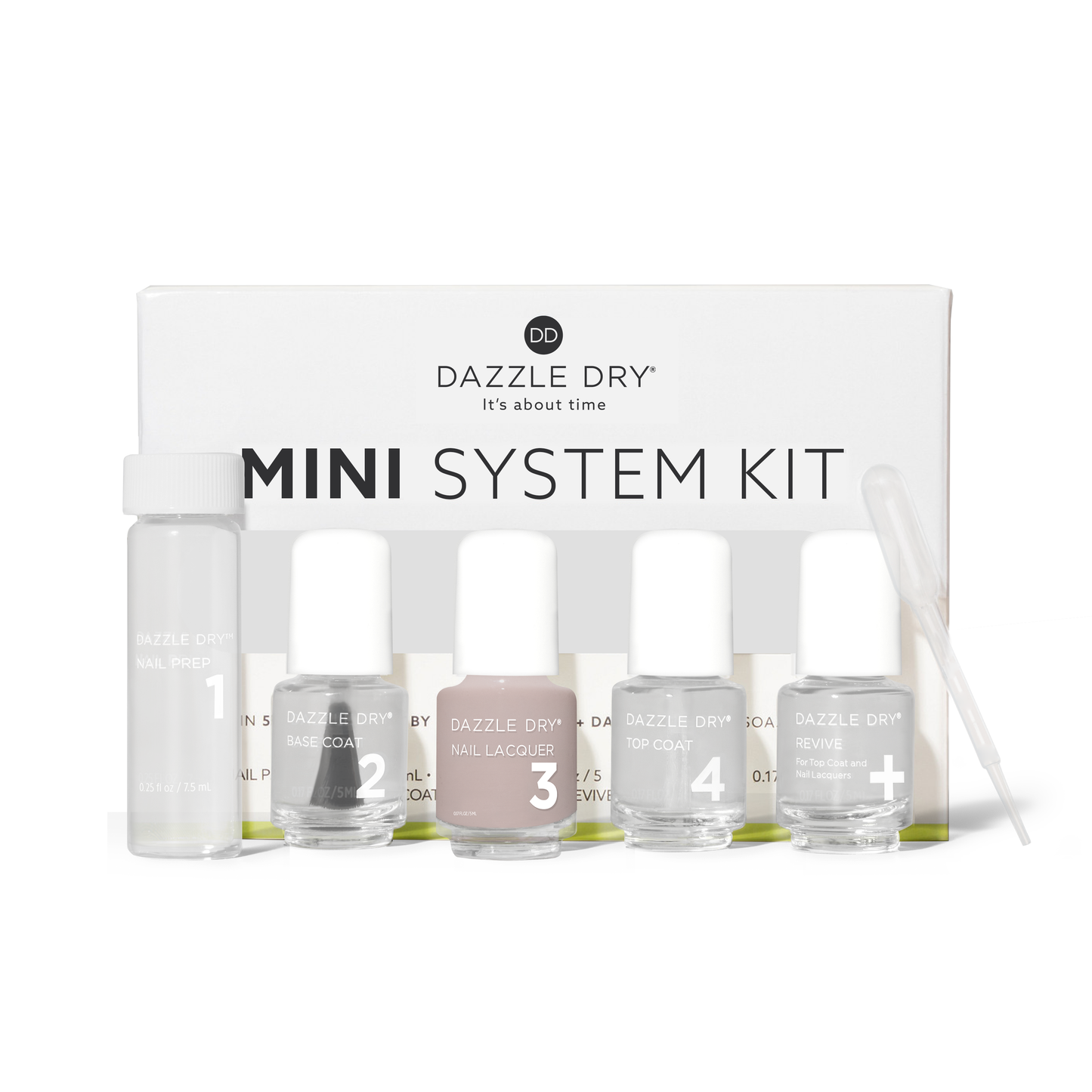 Chiffon Moment Mini Kit from Dazzle Dry. .25oz Nail Prep, .17oz Base Coat, .17oz Chiffon Moment Lacquer, .17oz Top Coat, .17oz Revive.