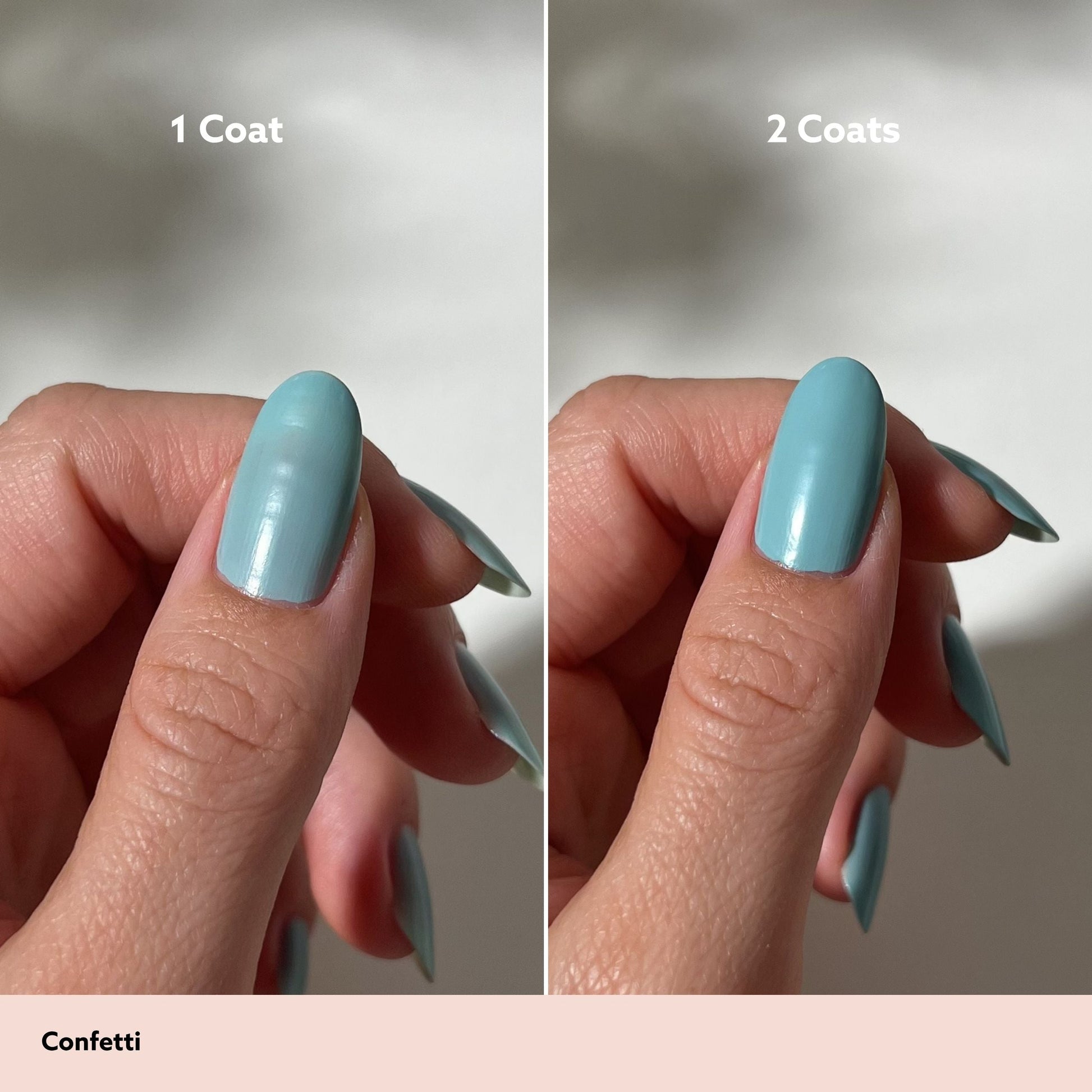 A split-screen comparison showing a fingernail before and after applying two coats of nail polish in the shade Confetti. The left side is labeled '1 Coat' and shows a glossy light blue nail, while the right side is labeled '2 Coats' and shows a slightly deeper, richer blue.