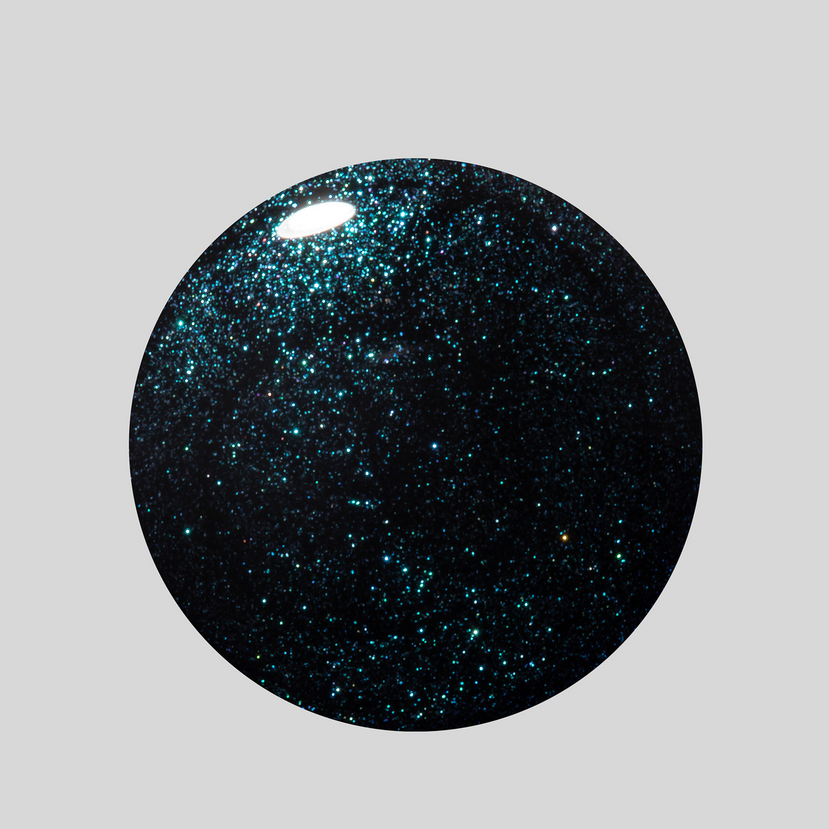 A circular glossy black swatch filled with dense teal and turquoise glitter, shown on a light gray background.