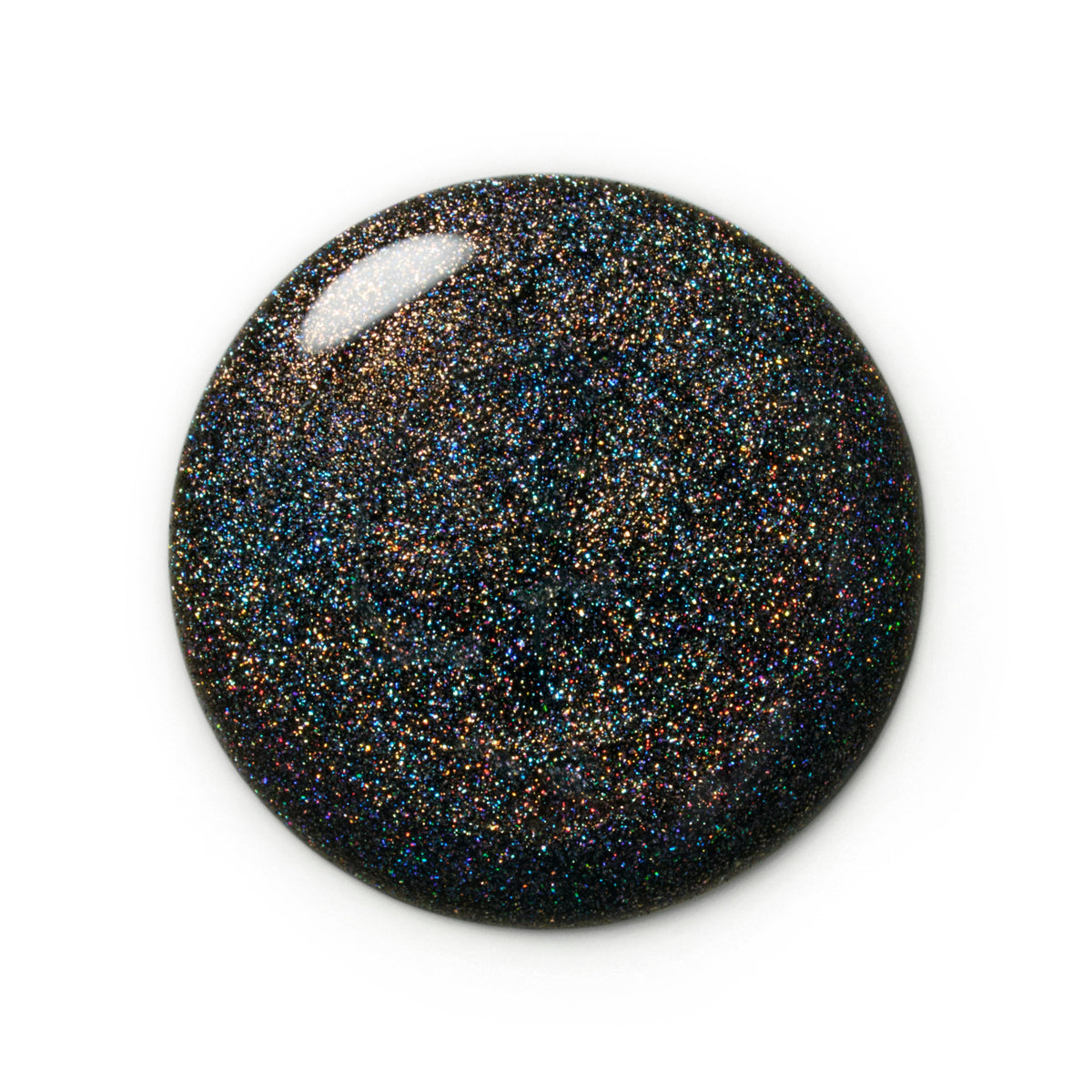 A circular glossy swatch of black nail polish filled with dense iridescent glitter, shown on a plain white background.