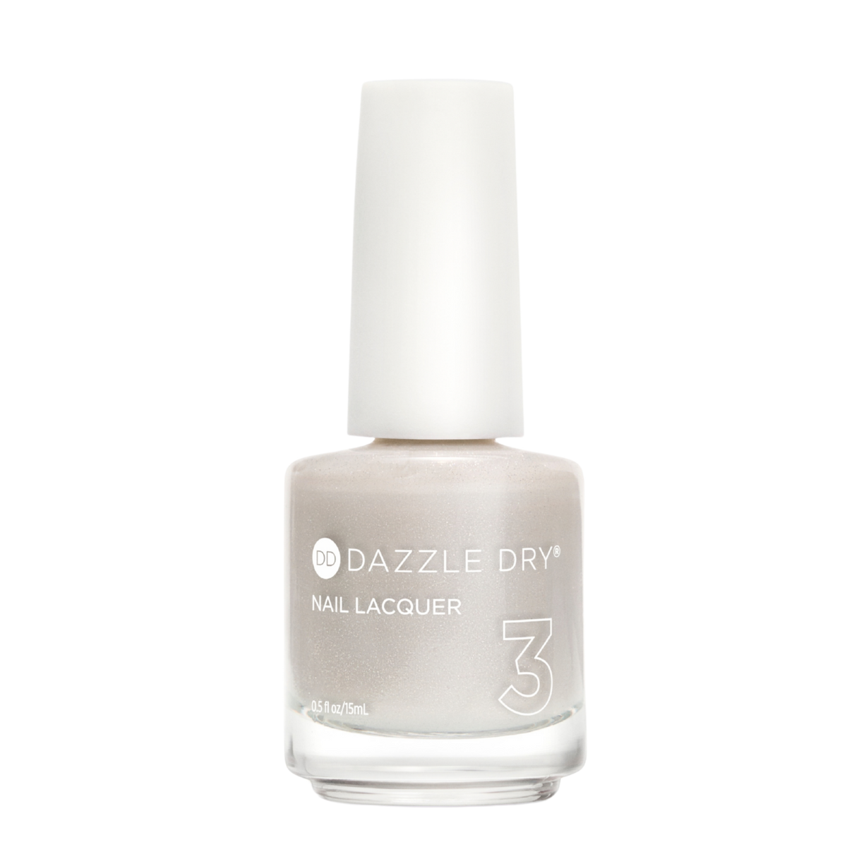 A bottle of Dazzle Dry Nail Lacquer in shade 3, featuring a shimmering light champagne-beige color and a white cap, set against a plain white background.