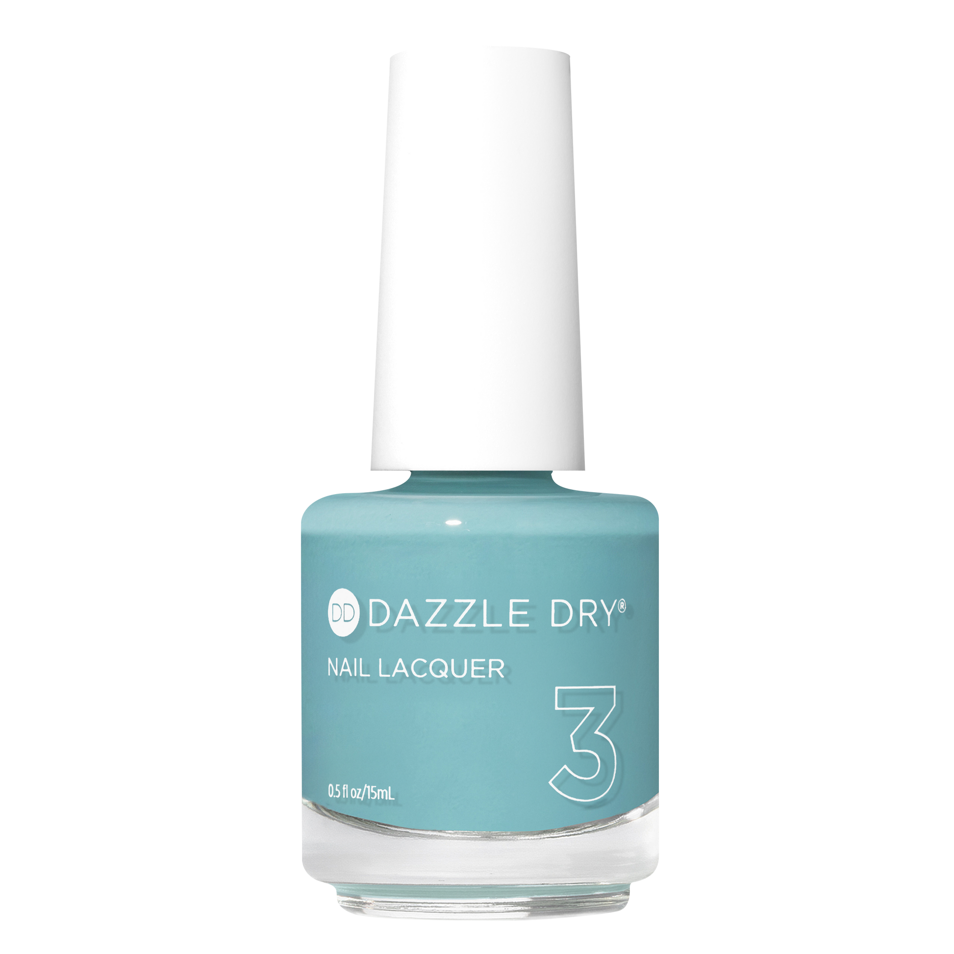A bottle of Dazzle Dry Nail Lacquer in shade 3, featuring a light teal blue color with a white cap, set against a plain white background.