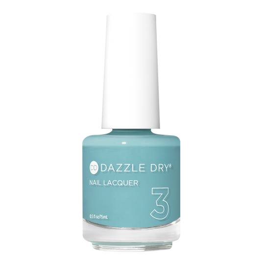A bottle of Dazzle Dry Nail Lacquer in shade 3, featuring a light teal blue color with a white cap, set against a plain white background.