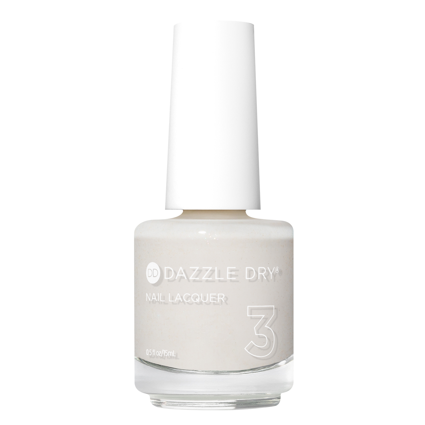 A bottle of Dazzle Dry Nail Lacquer in shade 3, featuring a light warm off-white color with a white cap, shown on a solid white background.