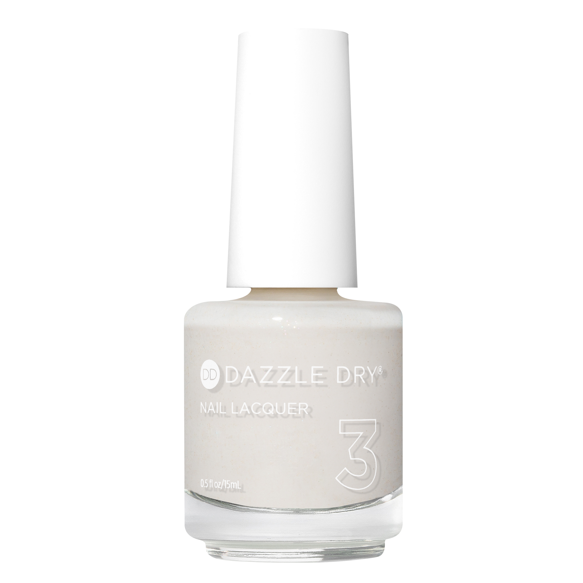 A bottle of Dazzle Dry Nail Lacquer in shade 3, featuring a light warm off-white color with a white cap, shown on a solid white background.