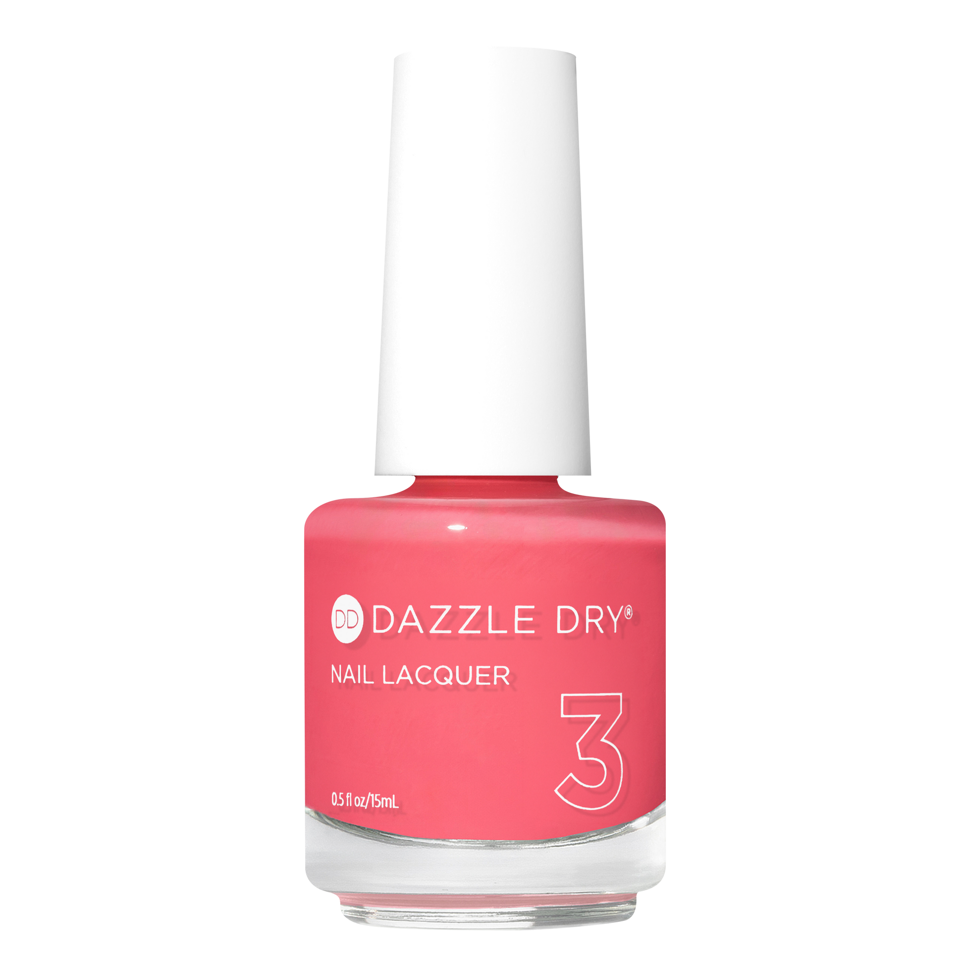 A bottle of Dazzle Dry Nail Lacquer in shade 3, featuring a vibrant coral pink color with a white cap, set against a plain white background.