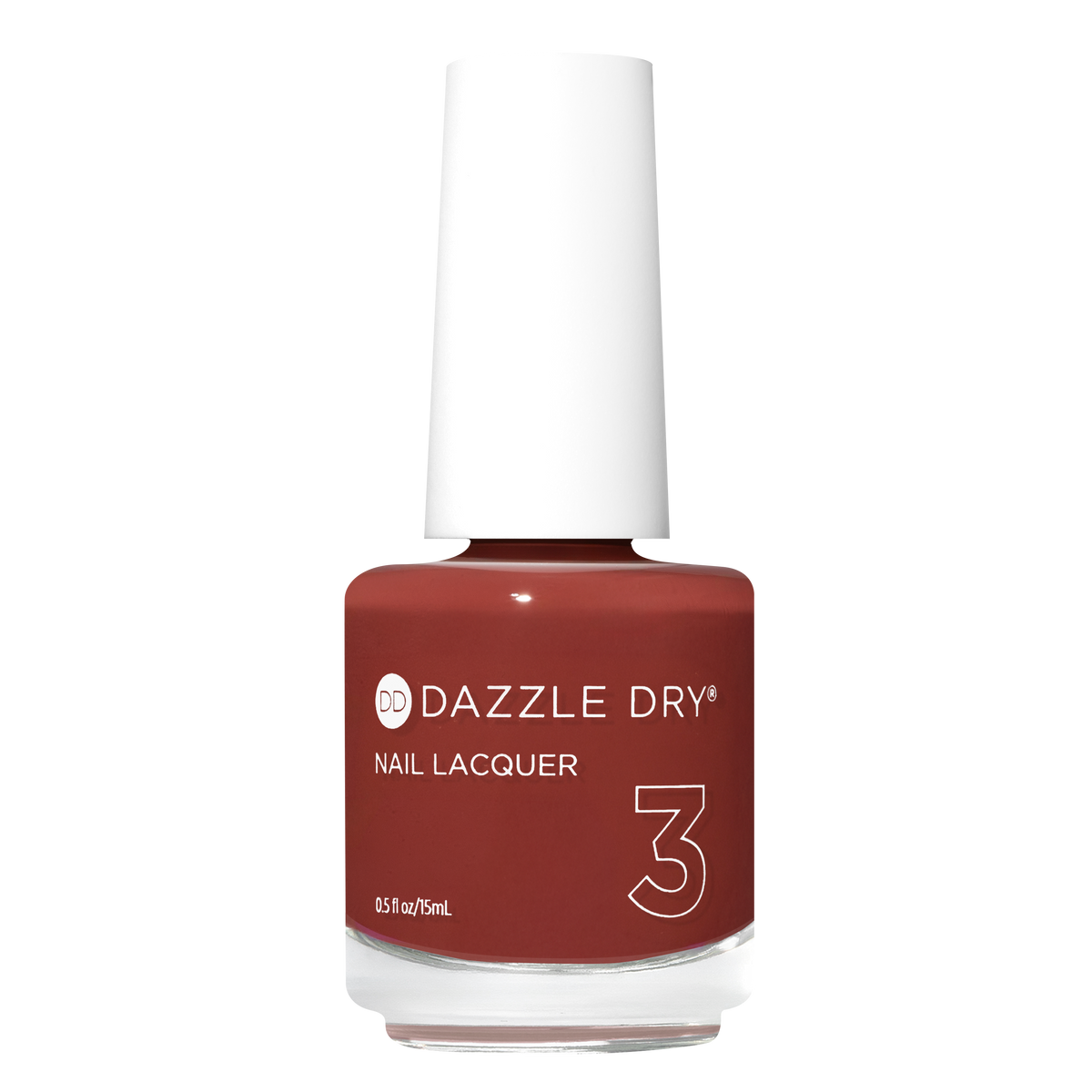 A bottle of Dazzle Dry Nail Lacquer in shade 3, featuring a deep reddish-brown color with a white cap, set against a plain white background.