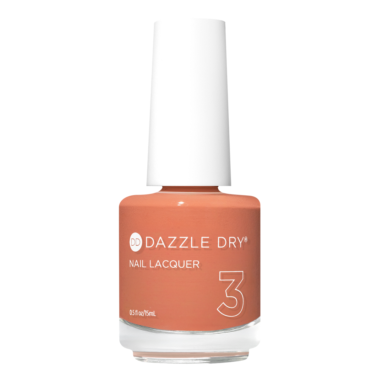 A bottle of Dazzle Dry Nail Lacquer in shade 3, featuring a peachy orange nail polish color and a white cap, set against a plain white background.