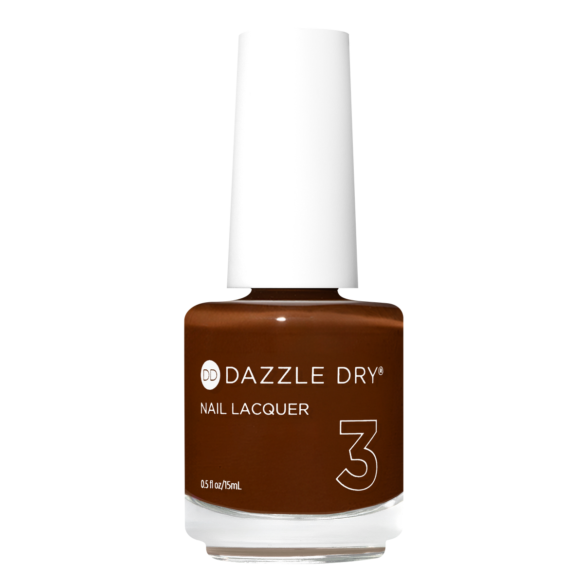 A bottle of Dazzle Dry Nail Lacquer in shade 3, featuring a rich medium brown color inside a clear glass bottle with a white cap, set against a plain white background.