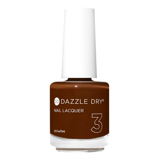 A bottle of Dazzle Dry Nail Lacquer in shade 3, featuring a rich medium brown color inside a clear glass bottle with a white cap, set against a plain white background.