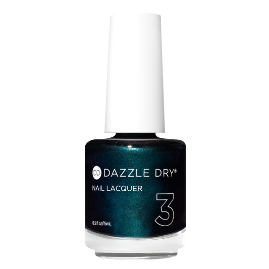 Dazzle Dry Nail Lacquer bottle in shade 3, featuring a dark teal shimmer polish inside a clear glass bottle with a white cap, on a white background.