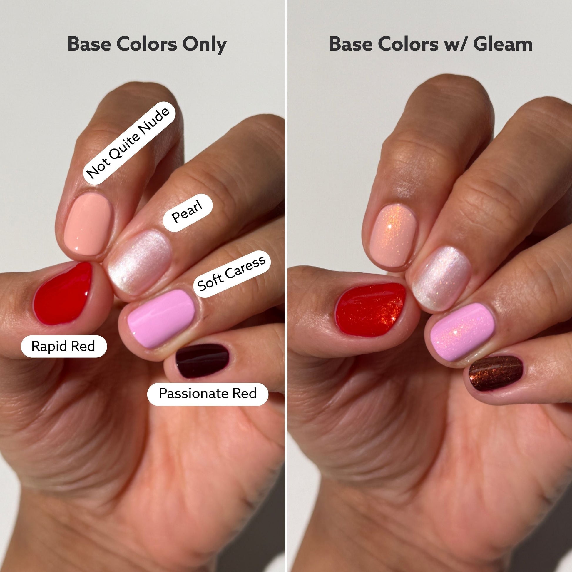 nail comparison with base shades vs with top layer