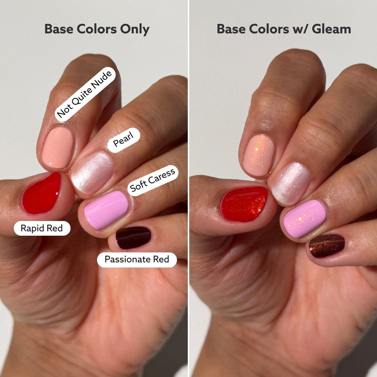 nail comparison with base shades vs with top layer