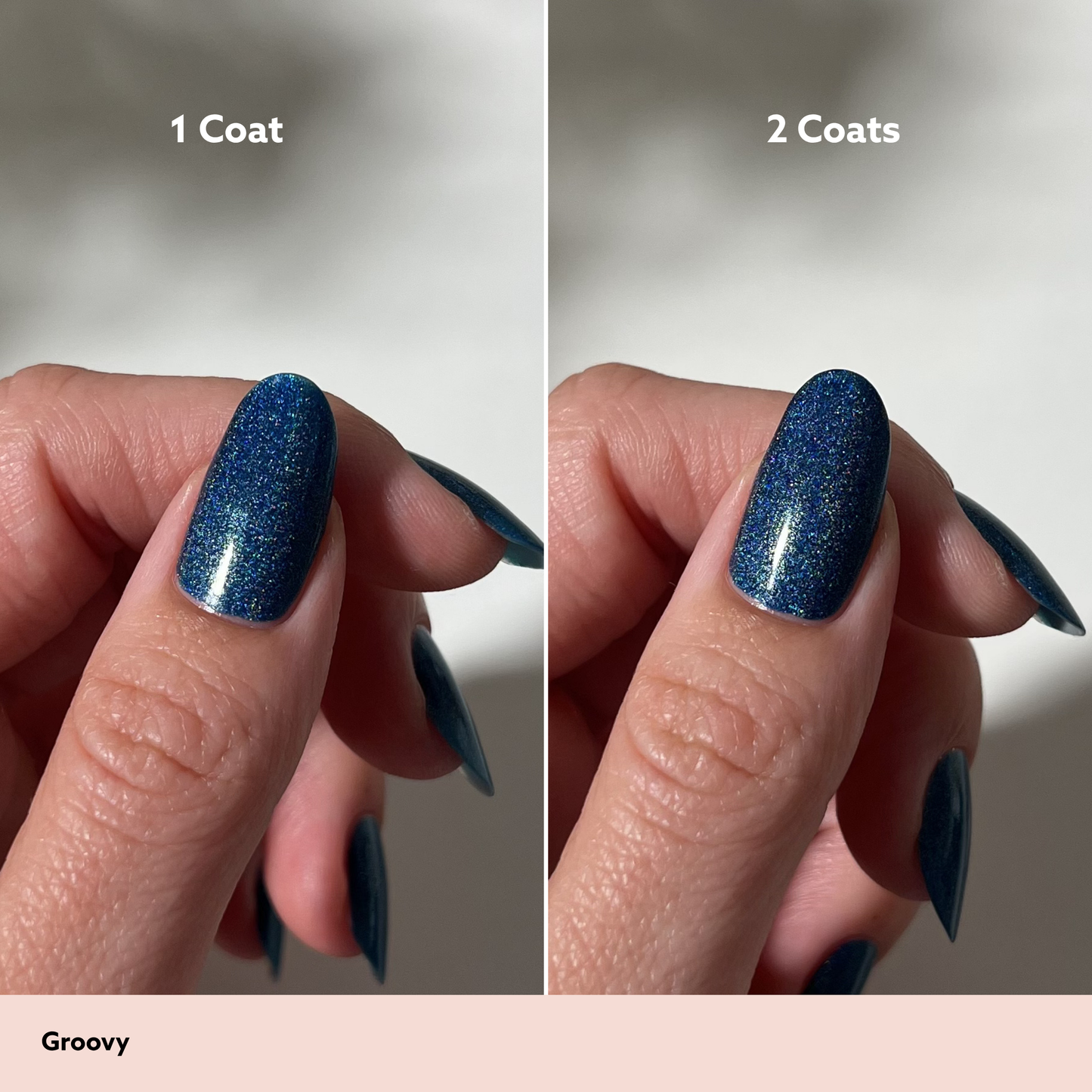 Comparison of blue glittery nail polish on a finger with '1 Coat' and '2 Coats' labels.