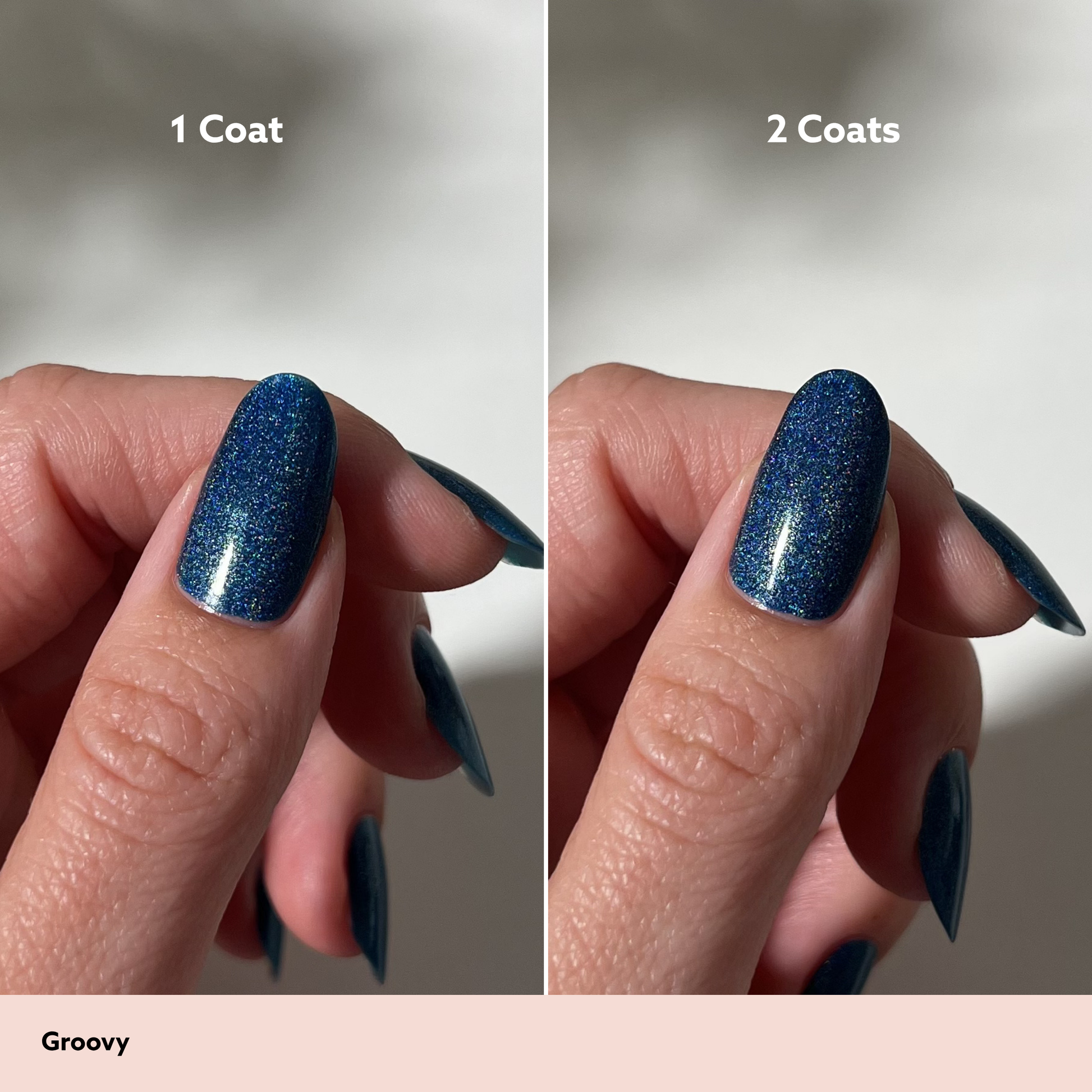 Comparison of blue glittery nail polish on a finger with '1 Coat' and '2 Coats' labels.
