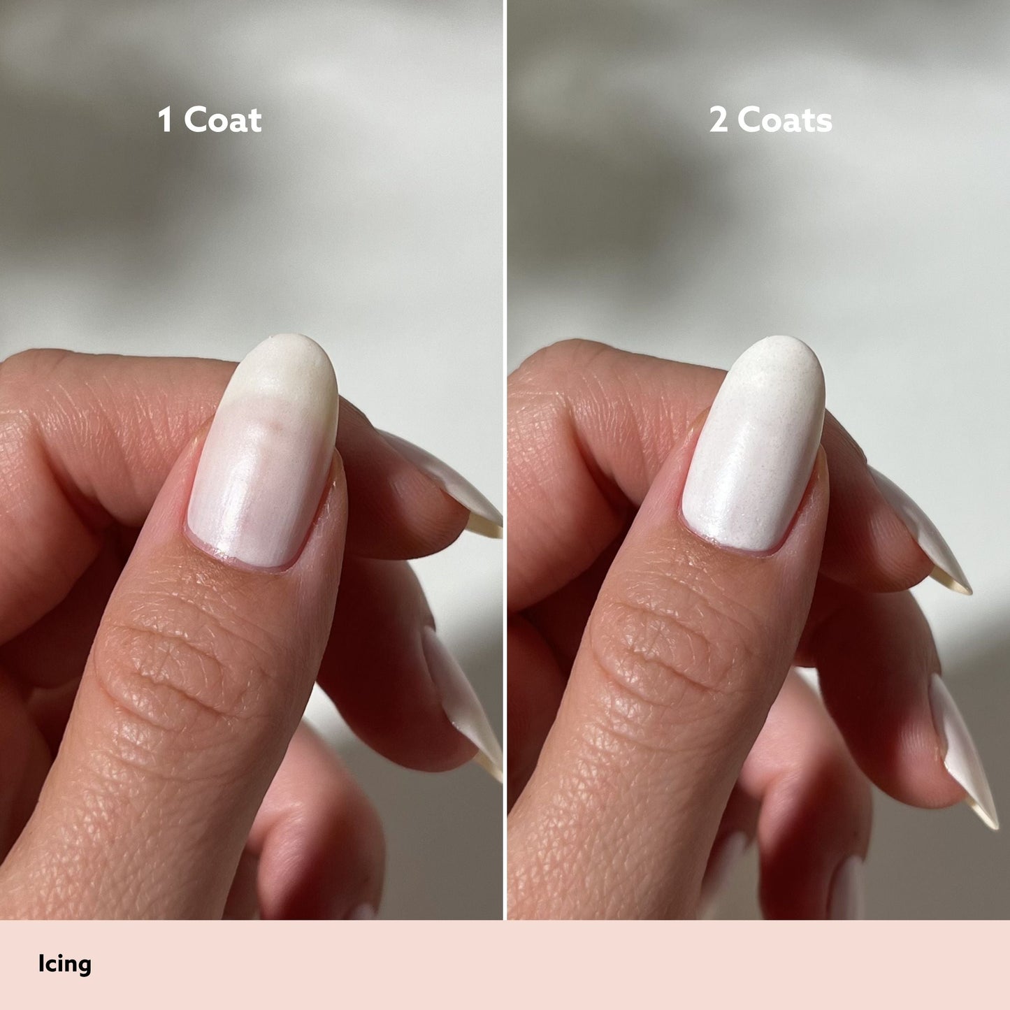 A split-screen comparison showing a fingernail before and after applying two coats of nail polish. The left side is labeled '1 Coat' and shows a translucent, slightly yellowish white nail.