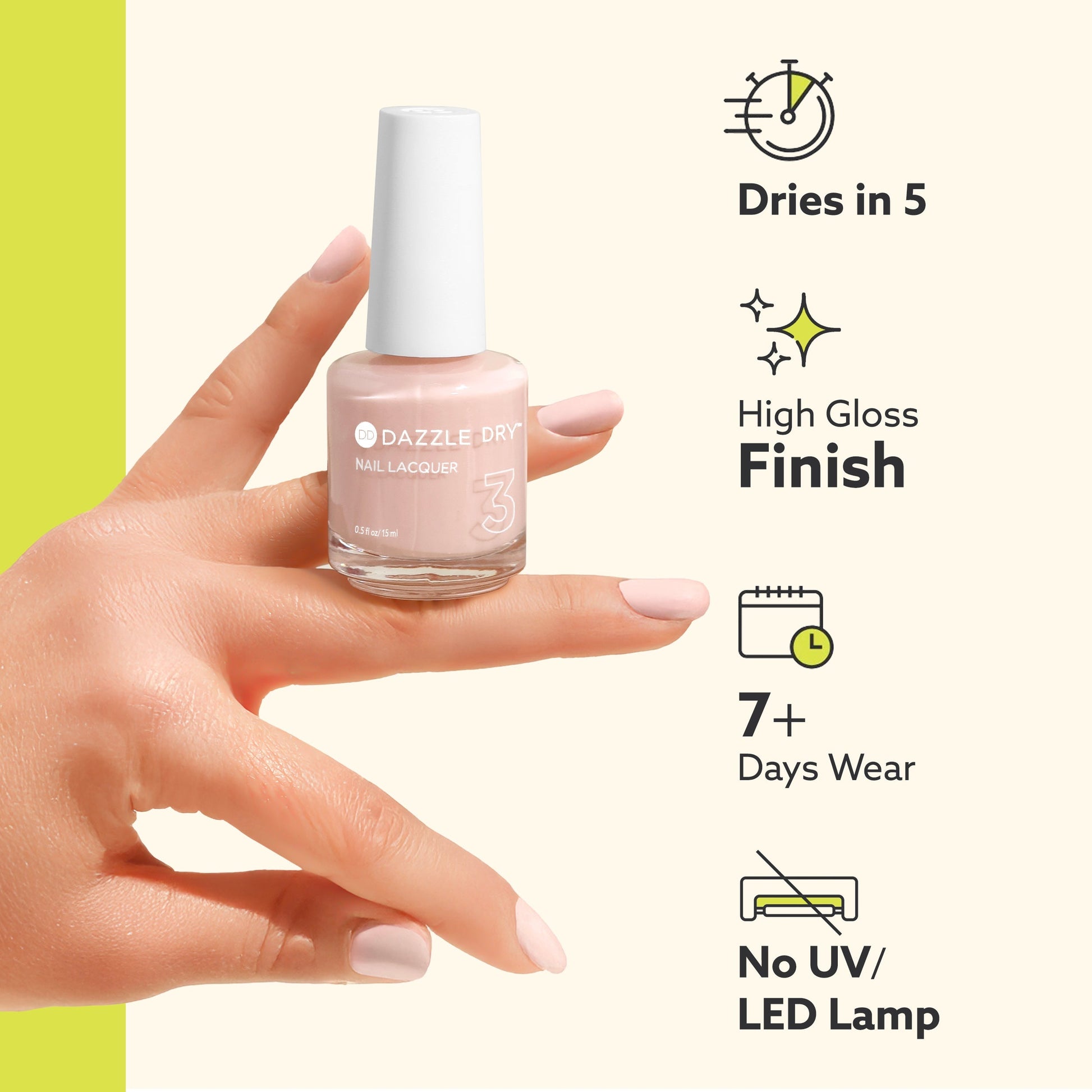 Hand holding a bottle of Dazzle Me nail polish with product features displayed.