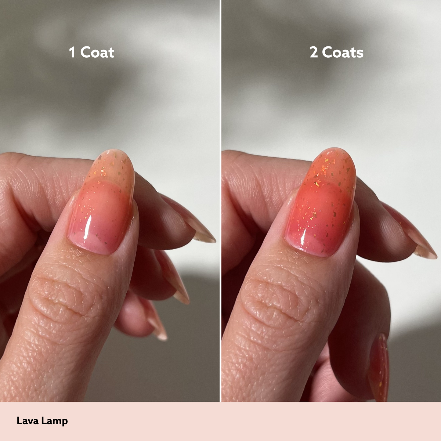 Comparison of 'Lava Lamp' nail polish with 1 coat and 2 coats on a neutral background.