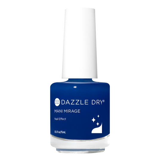 Blue nail polish bottle with white cap on a white background
