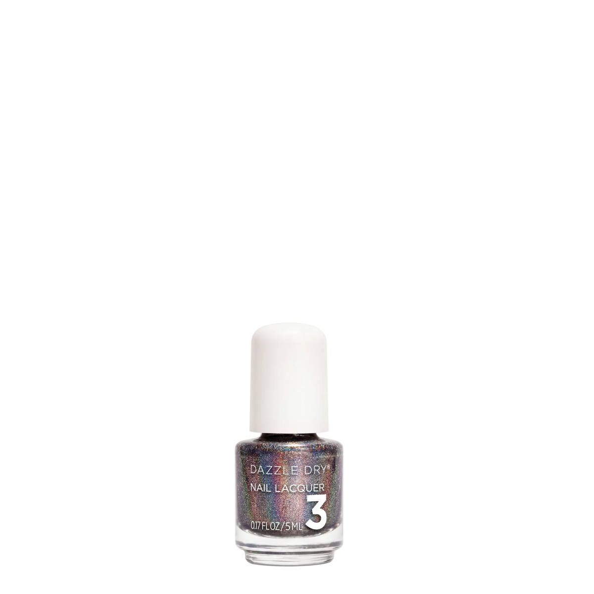 A bottle of Dazzle Dry Nail Lacquer in shade 3, featuring a white cap and a clear glass bottle showing a dark, iridescent glittery purple nail polish, set against a plain white background.