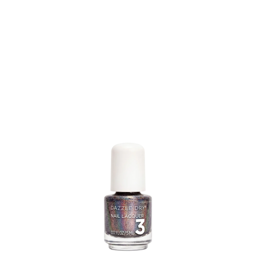 A bottle of Dazzle Dry Nail Lacquer in shade 3, featuring a white cap and a clear glass bottle showing a dark, iridescent glittery purple nail polish, set against a plain white background.