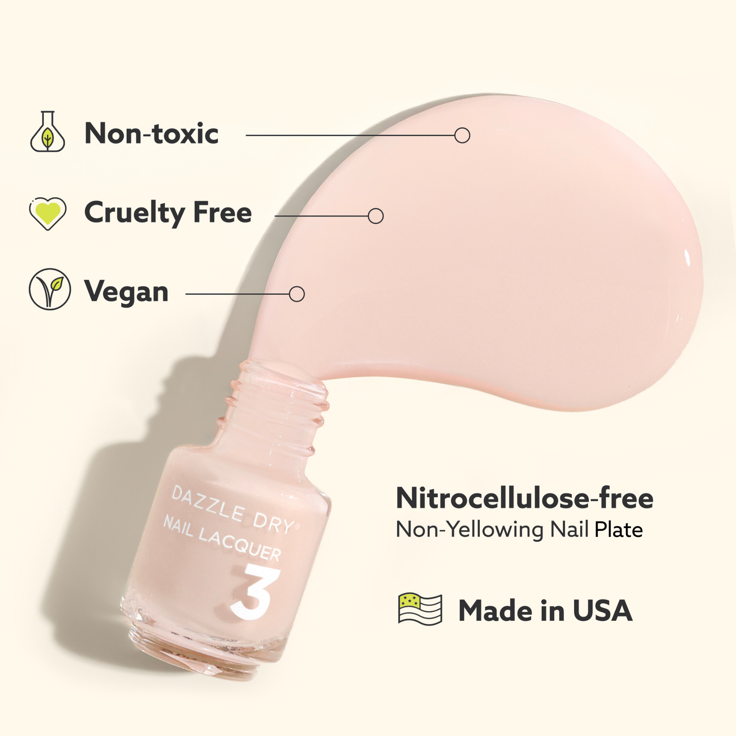 Pink nail polish bottle with labels indicating non-toxic, cruelty-free, vegan, nitrocellulose-free, and made in USA on a light background.