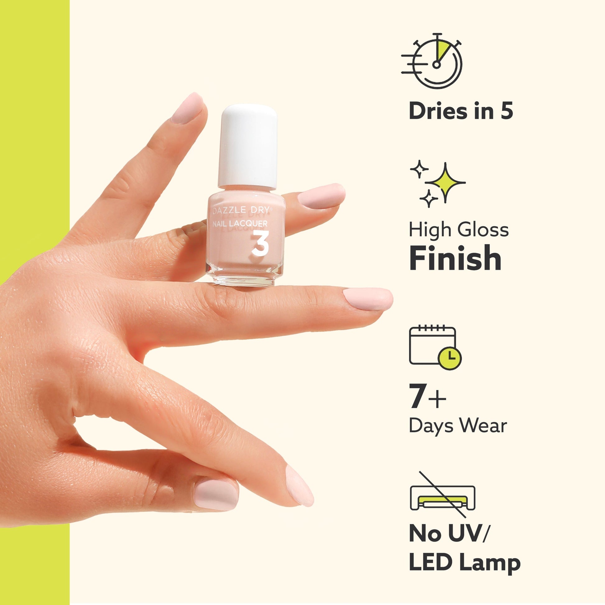 Hand holding a bottle of nail polish with product features listed on a white background