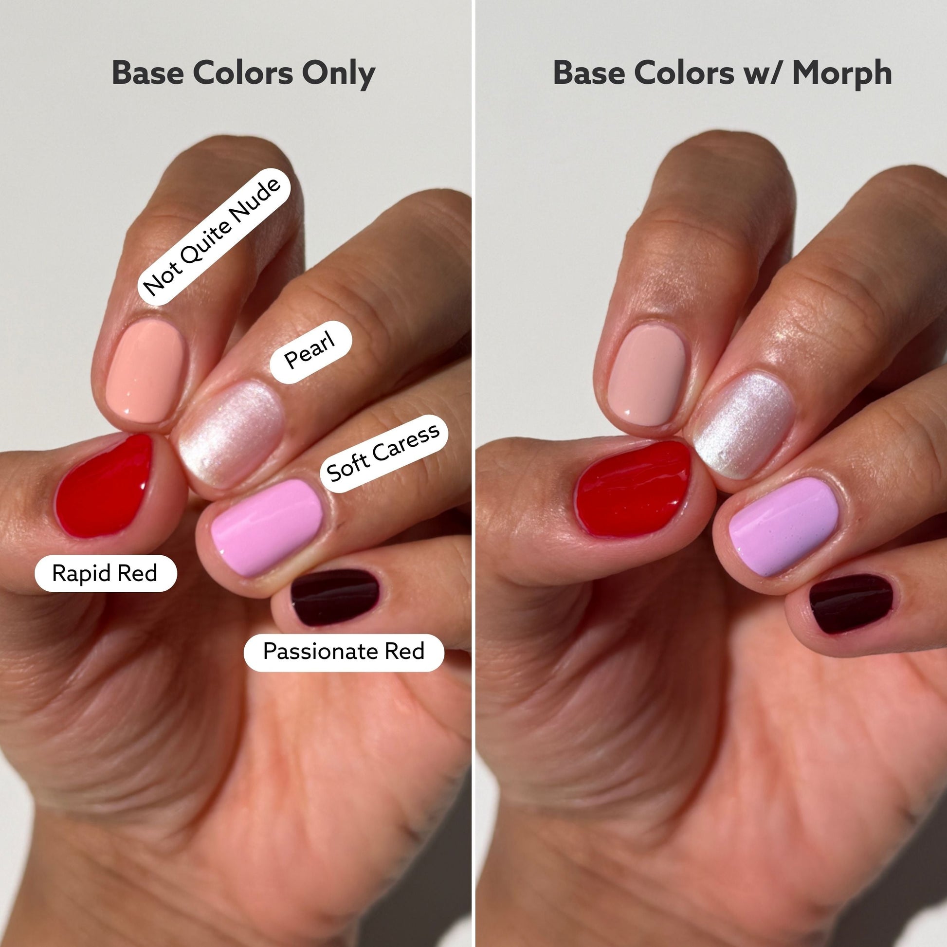 nail comparison with base colors and top shade of morph