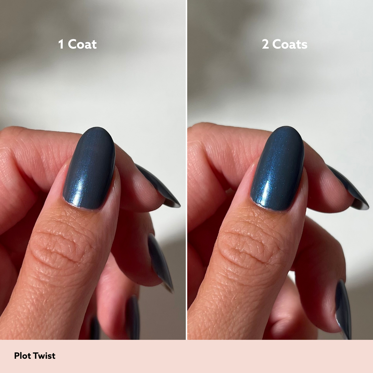 A split-screen comparison showing a fingernail swatch labeled '1 Coat' on the left and '2 Coats' on the right, with the text 'Plot Twist' at the bottom. The nail polish appears as a dark blue-gray metallic shade with a subtle shimmer.