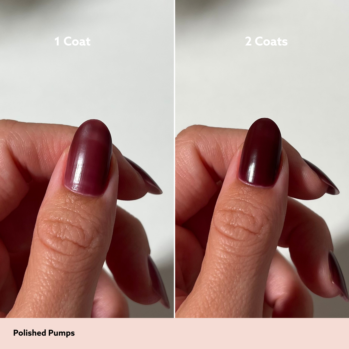 Side-by-side comparison of a nail polish finish labeled '1 Coat' and '2 Coats' on a person's thumb, showing a deep glossy plum-burgundy shade. Text at the bottom reads 'Polished Pumps'.