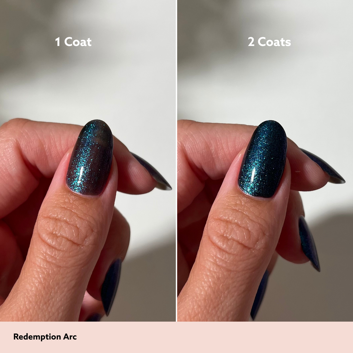 A split-screen comparison showing nail polish color and finish applied to a fingernail, labeled '1 Coat' on the left and '2 Coats' on the right. The polish is a deep shimmering teal-blue with fine glitter.