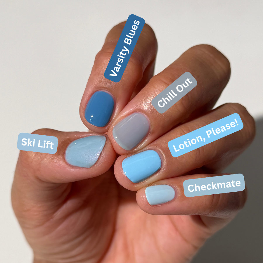 nail comparison of chill out blue on hand with other blues
