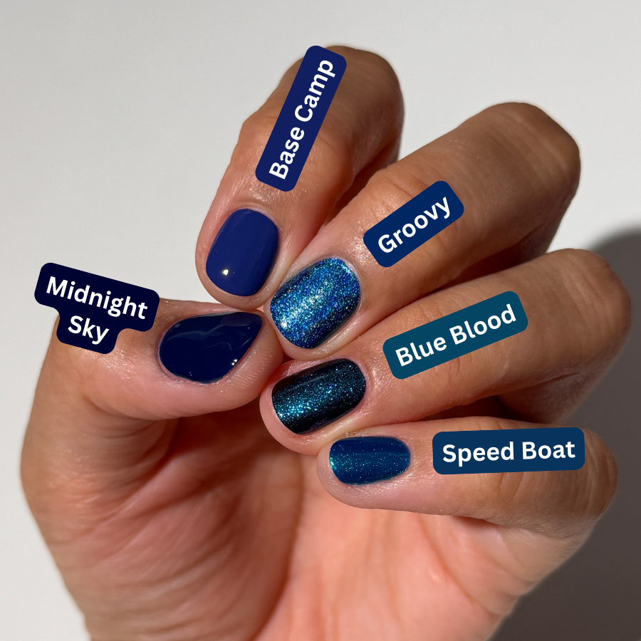 Hand with blue nail polish on each finger labeled with color names.