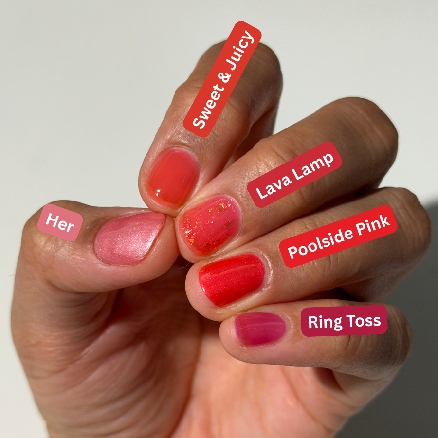 comparison of different  nail polish colors on fingernails