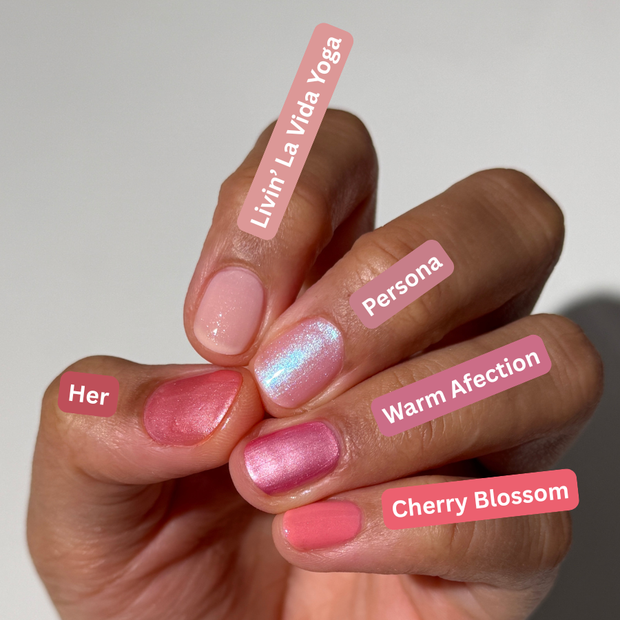 Hand with pink nail polish on a white background, labeled with product names.
