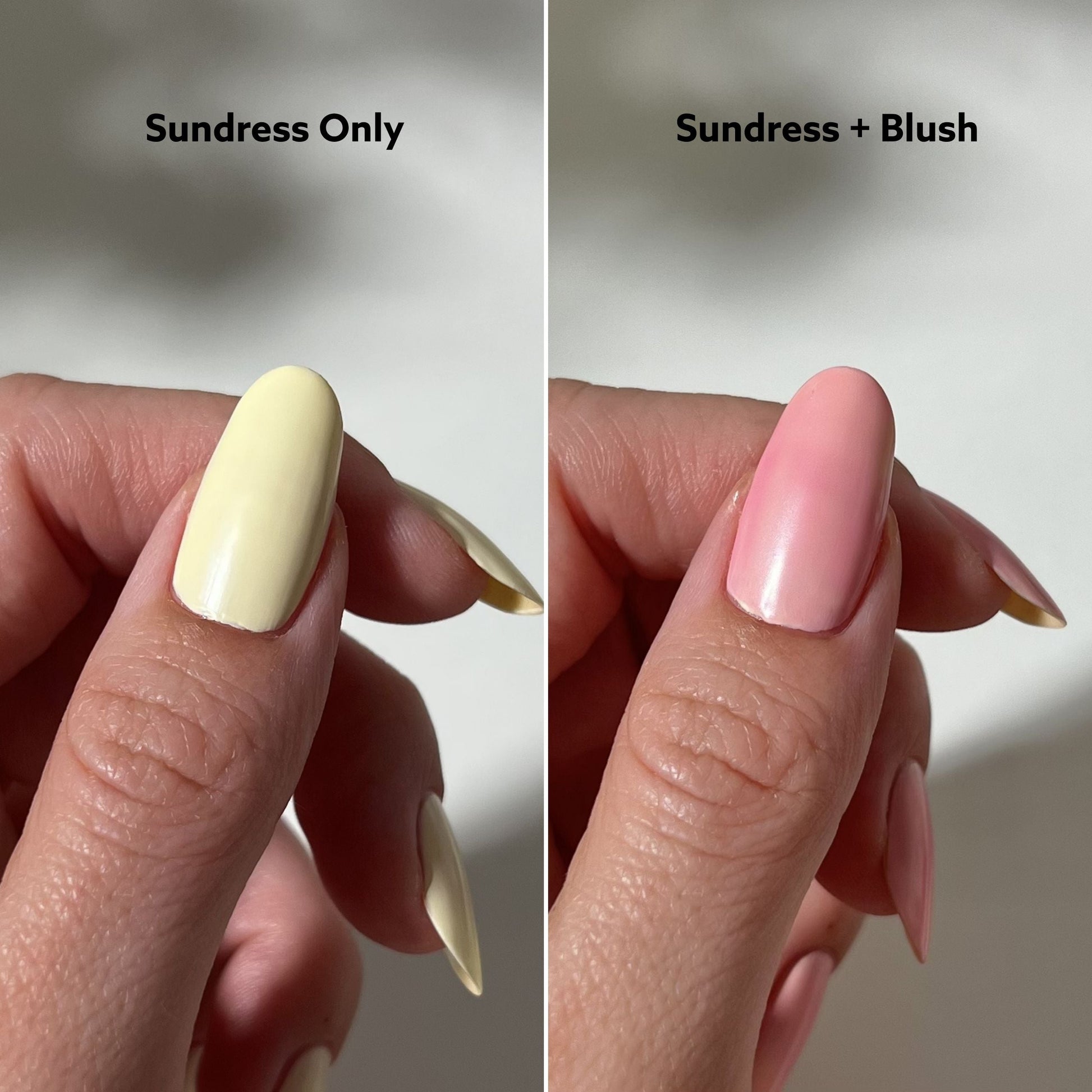 Comparison of 'Sundress Only' and 'Sundress + Blush' nail colors on a hand.