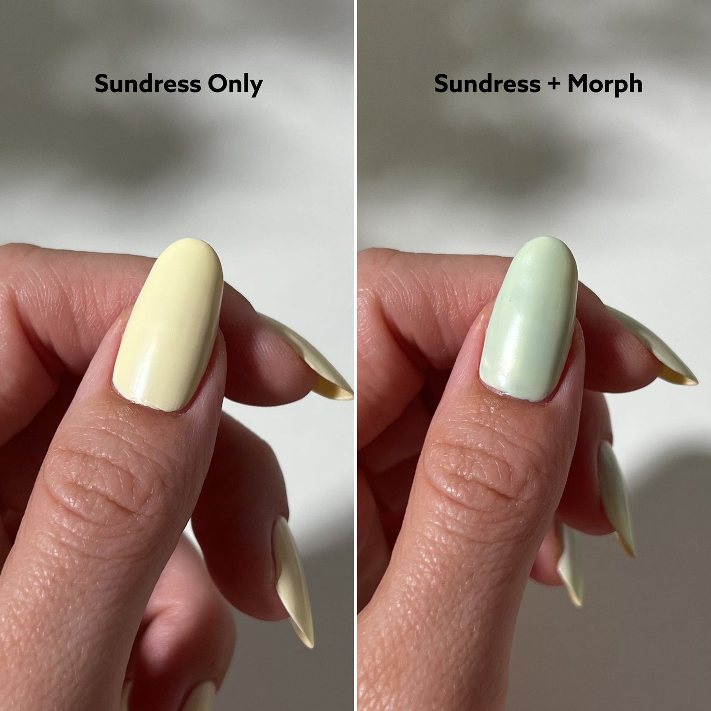 Comparison of 'Sundress Only' and 'Sundress + Morph' nail polish on a hand with a neutral background.