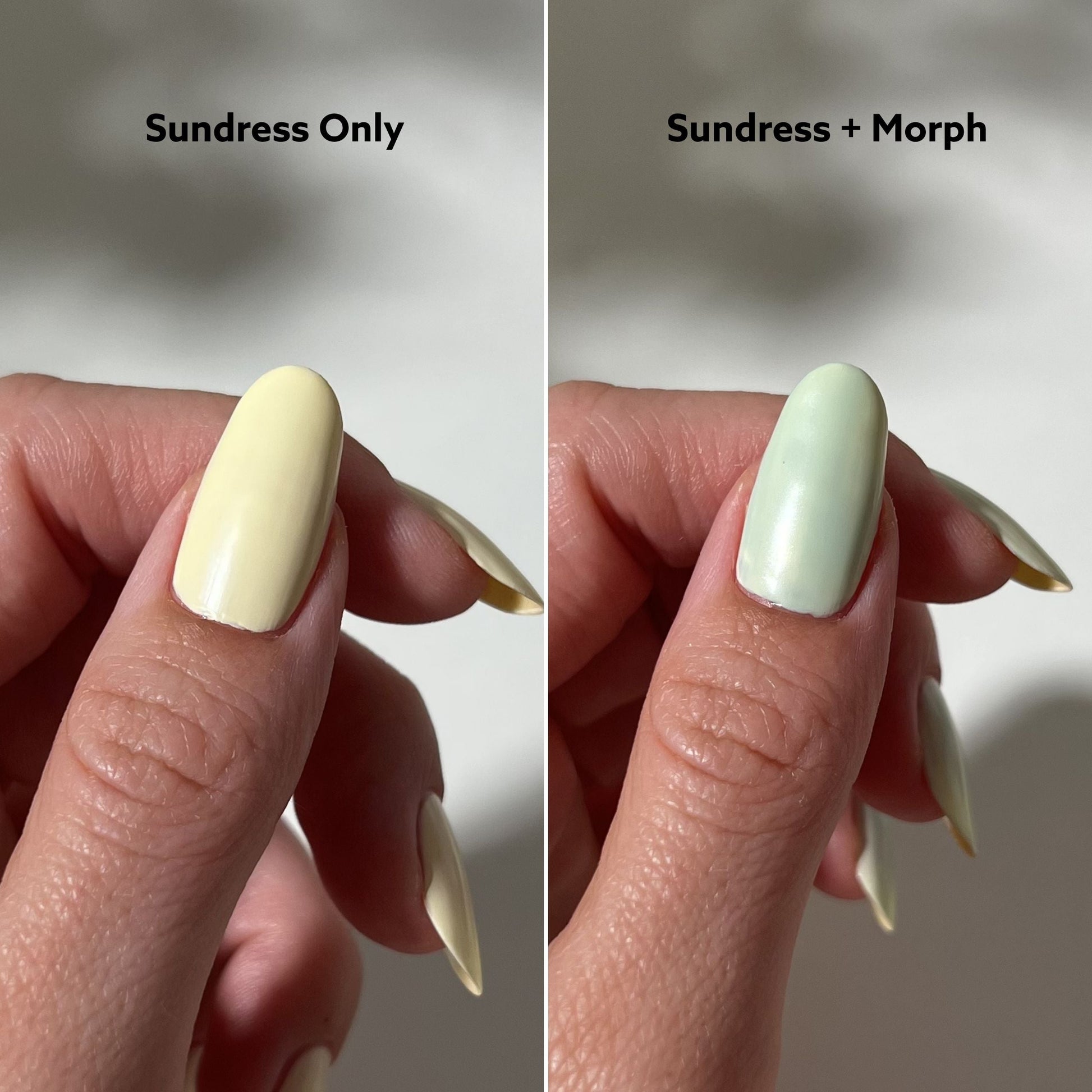 Comparison of 'Sundress Only' and 'Sundress + Morph' nail polish on a hand with a neutral background.