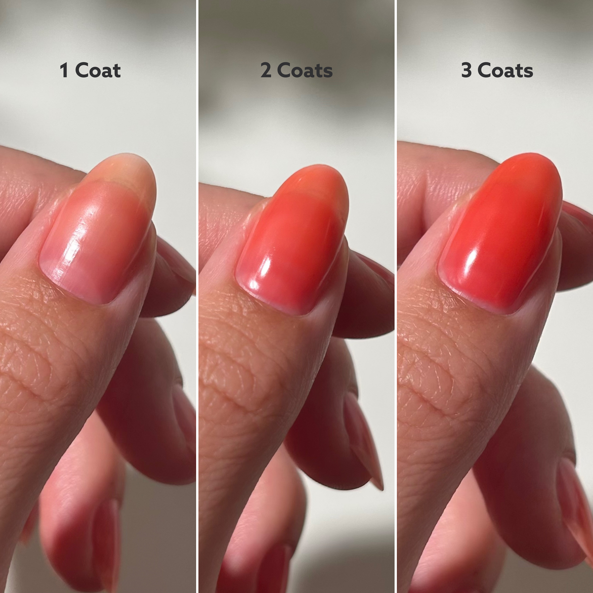 Sweet and Juicy swatch, 1 vs 2 vs 3 coats of lacquer