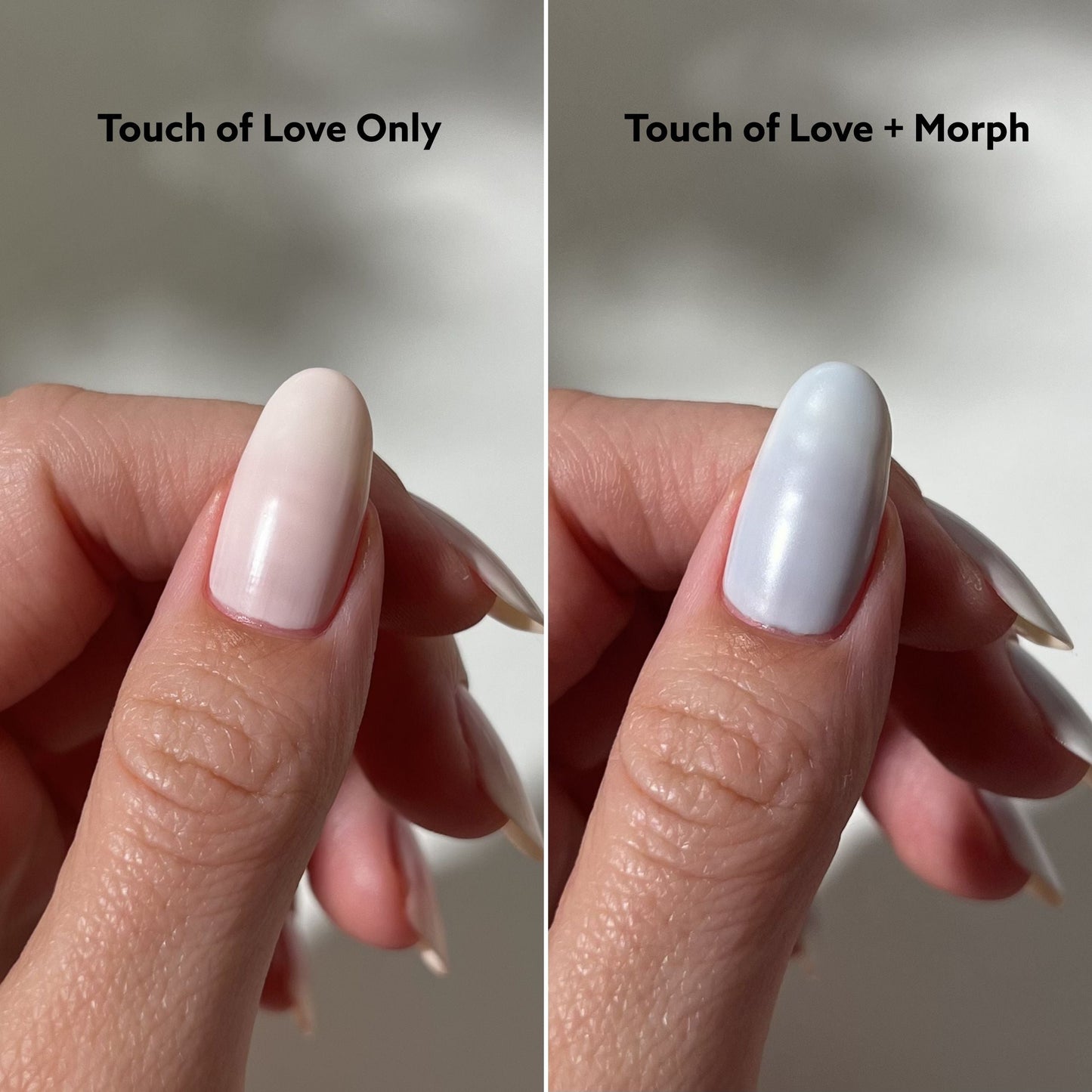Comparison of 'Touch of Love Only' and 'Touch of Love + Morph' nail polish on a hand against a neutral background.