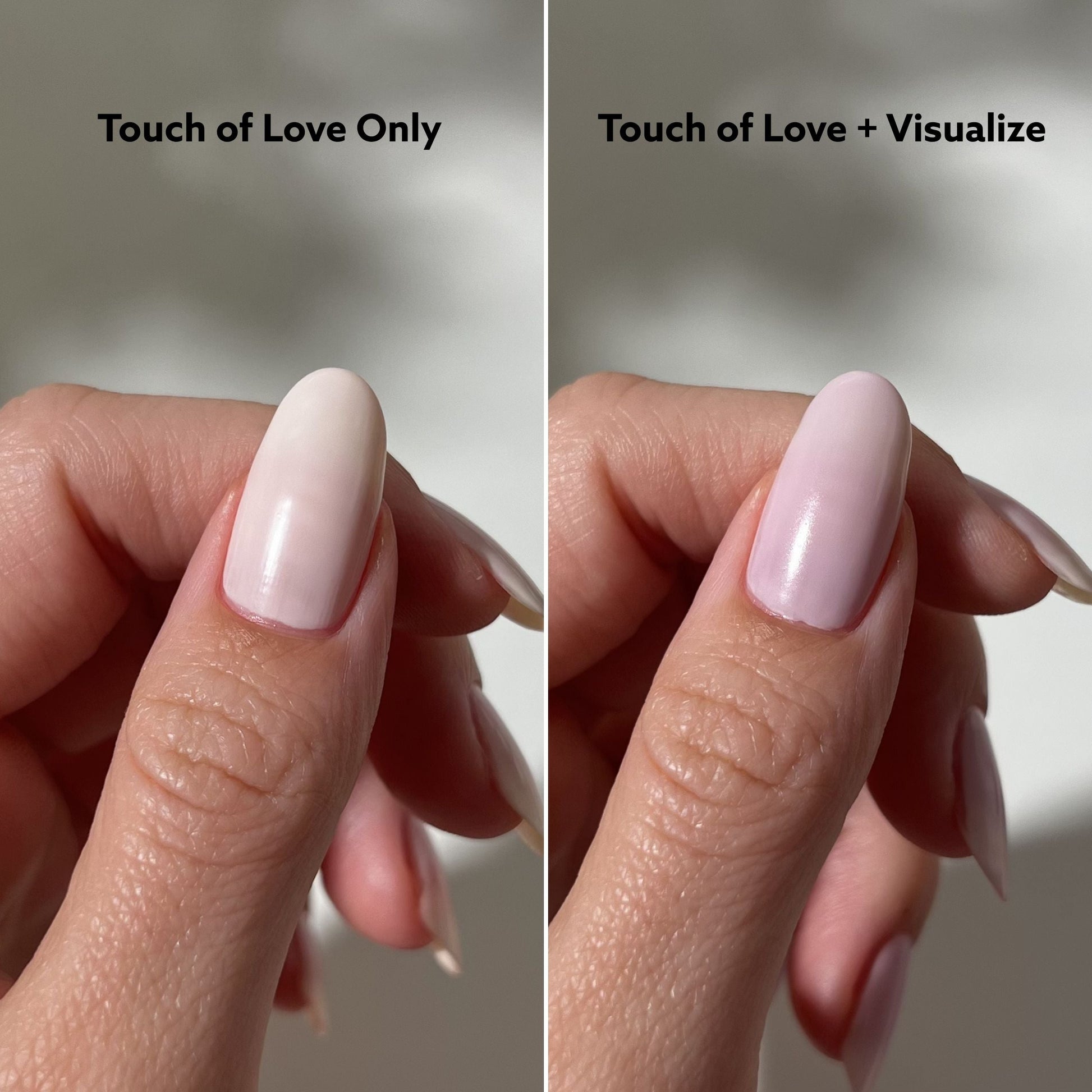 Side-by-side comparison of nails with 'Touch of Love Only' and 'Touch of Love + Visualize' on a neutral background.