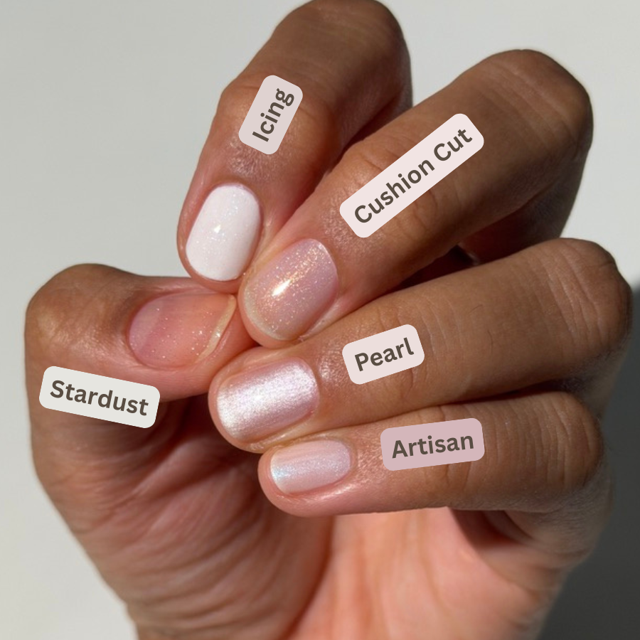 A close-up of a hand showing five different nail polish finishes labeled 'Icing', 'Cushion Cut', 'Stardust', 'Pearl', and 'Artisan' on the nails against a light neutral background.