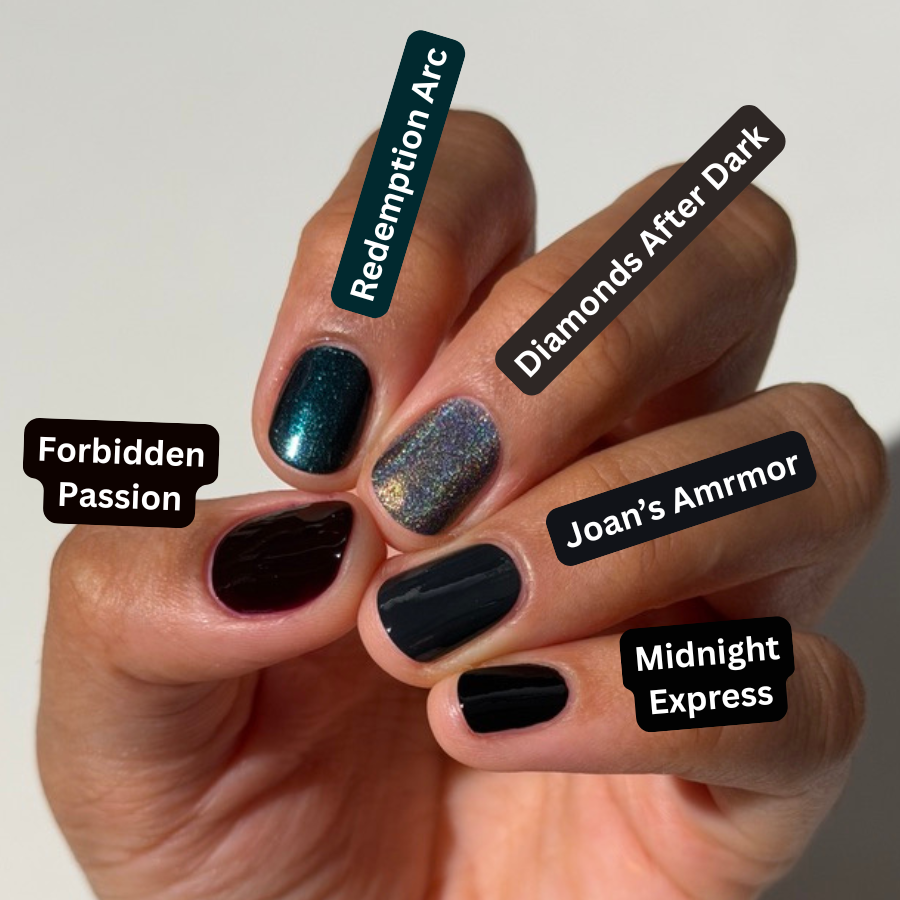 A hand displaying six different nail polish colors with black text labels naming each shade: Forbidden Passion, Redemption Arc, Diamonds After Dark, Joan's Amrmor, Midnight Express. The hand is photographed against a plain light background.