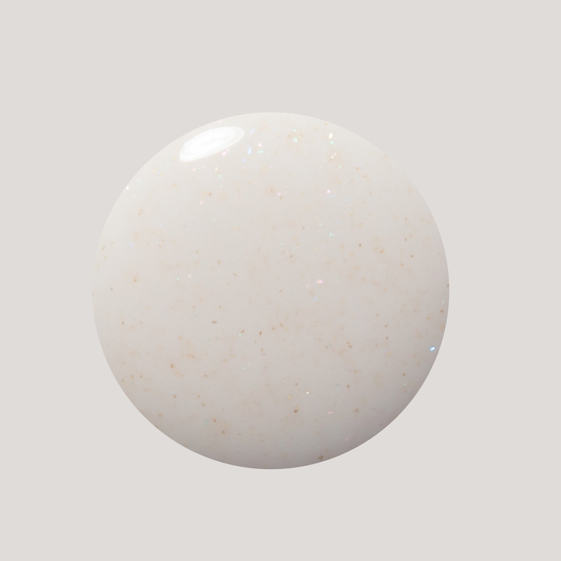 A round, glossy white ceramic or stone tile with subtle beige speckles, shown against a solid light gray background.